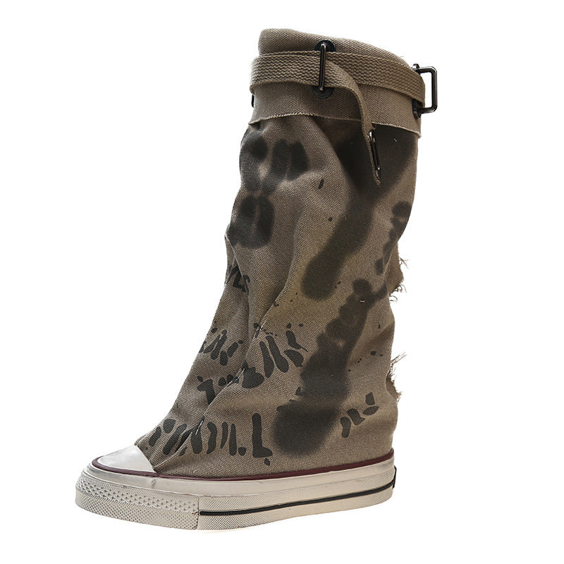 Platte retro canvas laarzen met een middellange schacht voor dames