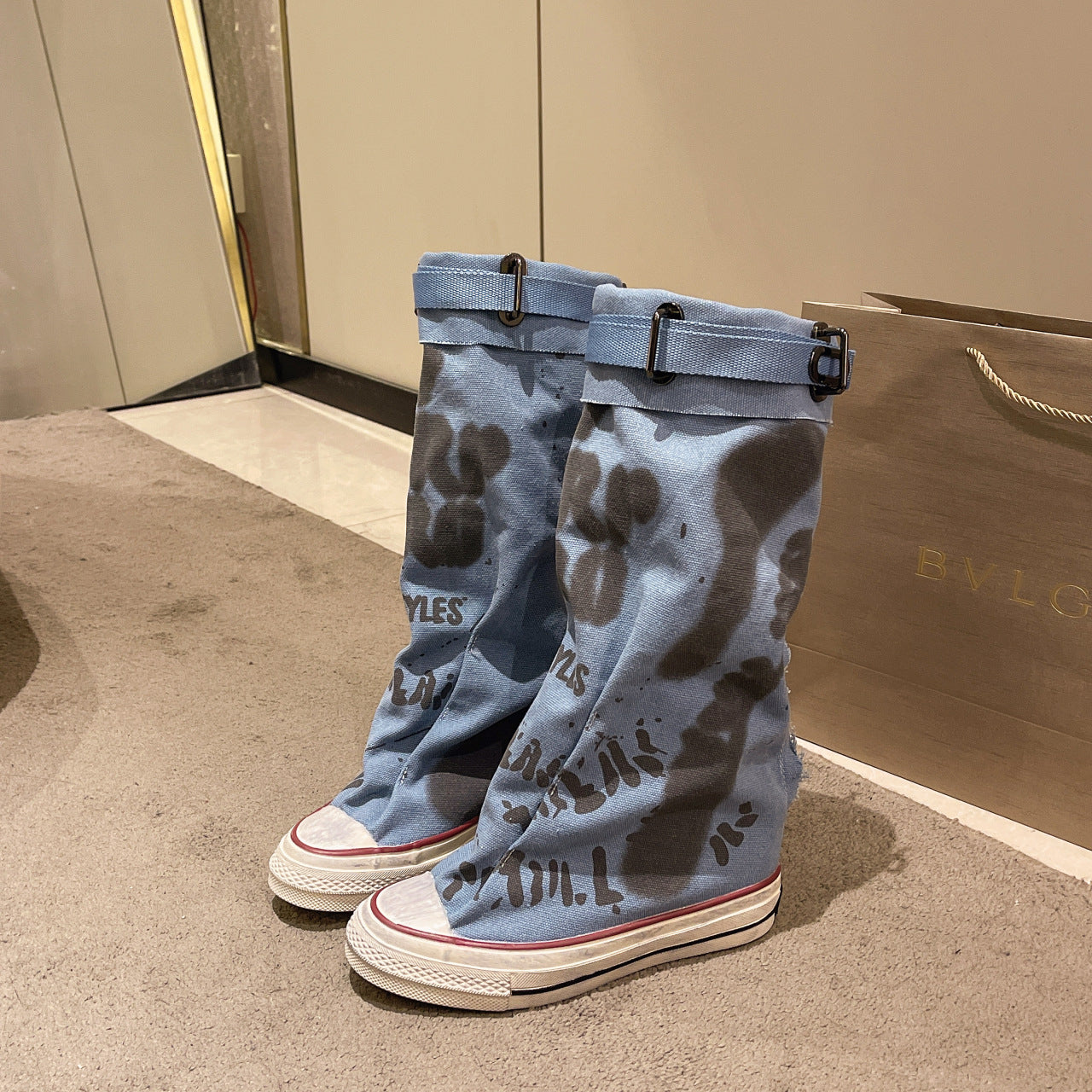 Platte retro canvas laarzen met een middellange schacht voor dames